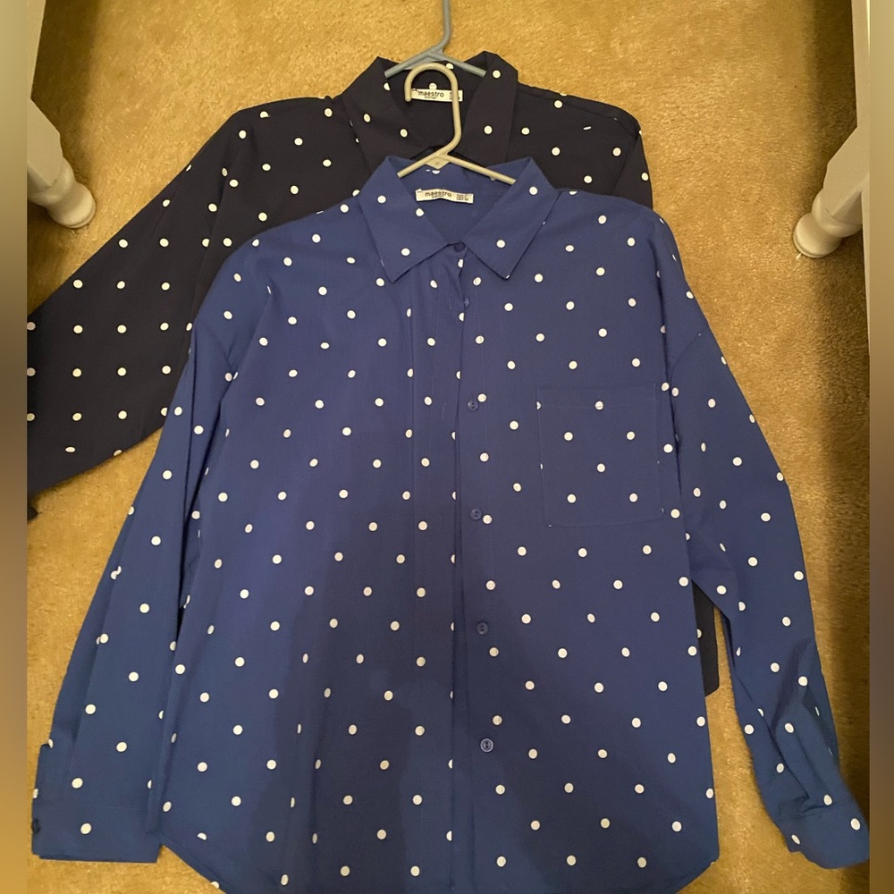 2 PIECE BUTTON UP WOMEN BLOUSE(BLUE AND NAVY BLUE) POLKA DOTS